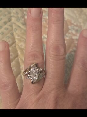 Gold and Silver Marquise-Cut Engagement Ring with Accent Stones (Costume?)